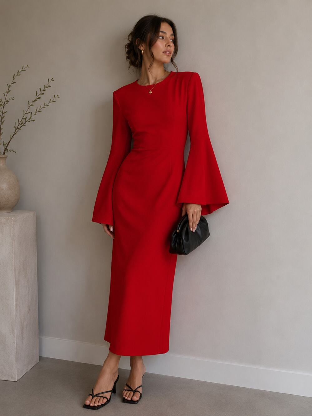 Alexia Admor Flare Sleeve Crepe Midi Dress Red Pencil Sheath NWT Large MSRP $275
